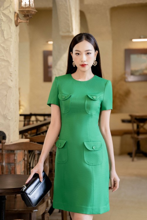 Sixdo Green Short Sleeves Mini Raw Dress